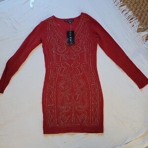 NWT Say What? Women's Red Long Sleeve Knit Dress with Gold Beaded Accents Size S